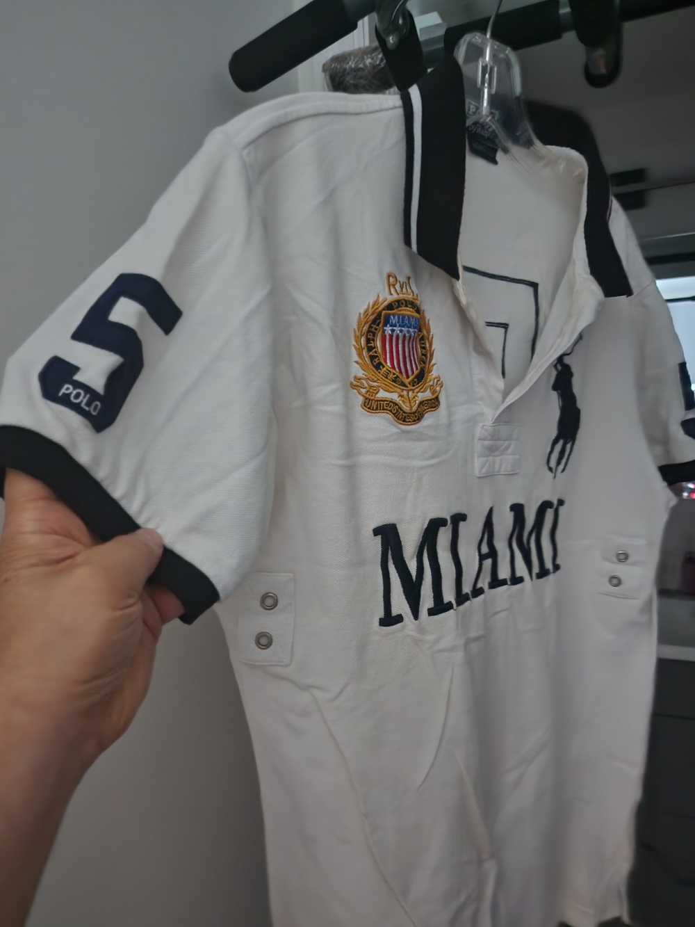 Ralph Lauren White Polo with Navy Trim and Miami Embroidery - Picture 2 of 5